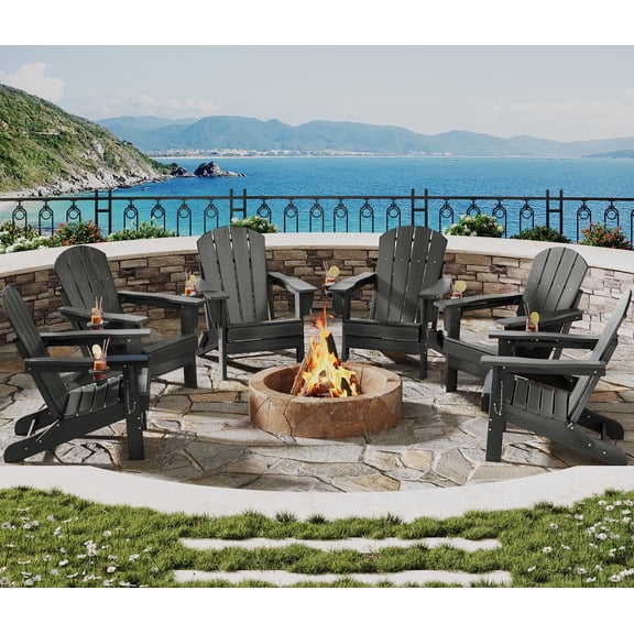 Folding Adirondack Chair Set of 6, All-Weather HDPE Outdoor Chair, Wooden Textured with Cup Holder for patios, Decks, Gardens, fire pits, Grey