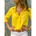 thumbnail image 4 of Women Lapel Button Down Chiffon Shirts Solid Color Office Blouse Casual Long Sleeve Tops Yellow M, 4 of 8