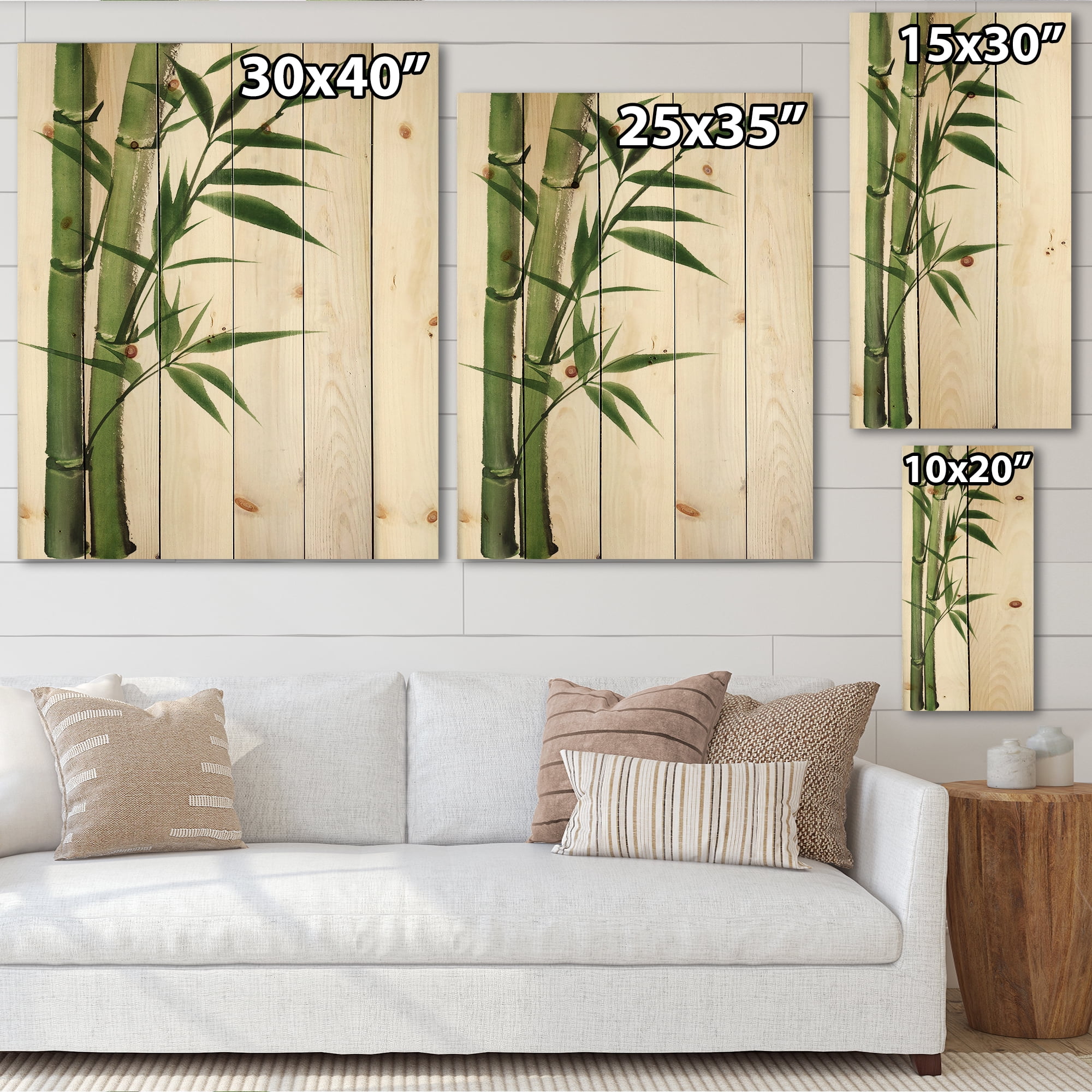 Designart 'Detail of Dark Green Bamboo and Leaves I' Traditional Print on Natural Pine Wood