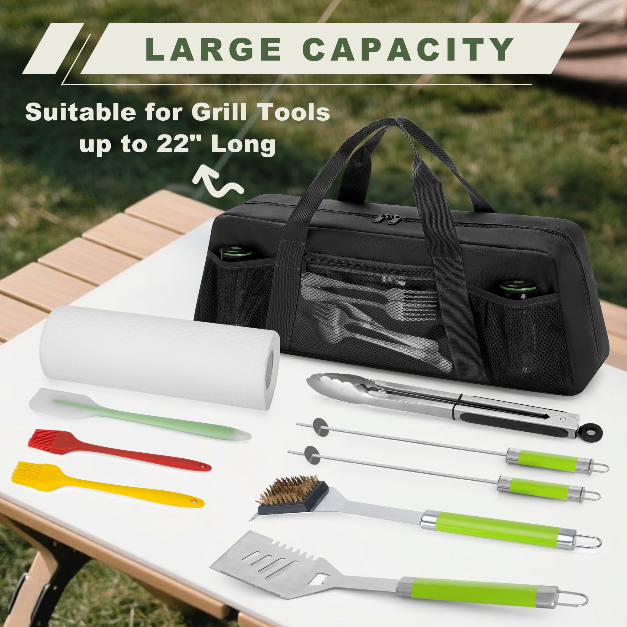 Arsvita Grill Tool Storage Bag, Outdoor BBQ Utensil Holder for Barbecue Tool up to 20", Large Grill Utensil Storage Caddy with Pockets, BBQ Accessories Case Container for Camping, Bag Only, Black