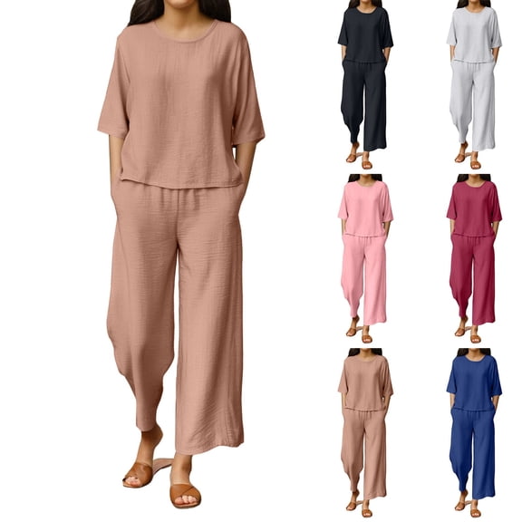 Chroia Women's 2PC Matching Set - 2 Cotton-Linen Tops & Loose Wide Leg Pants Summer Travel Outfits