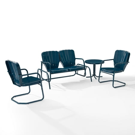 Crosley Radio Ridgeland 4Pc Outdoor Metal Conversation Set Navy Gloss - Loveseat Glider, Side Table, & 2 Armchairs