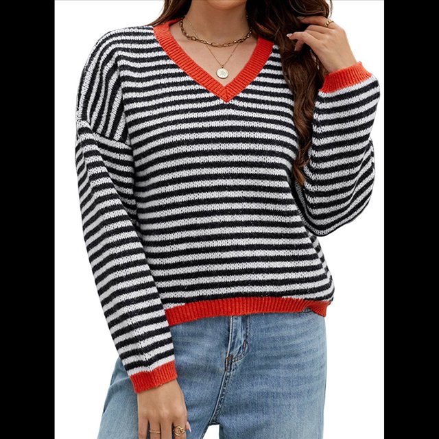 Suéter de Rayas de Larga para Mujer, Cuello en V, Bloque de Color, Punto Suave, Jersey de Moda y Negro M