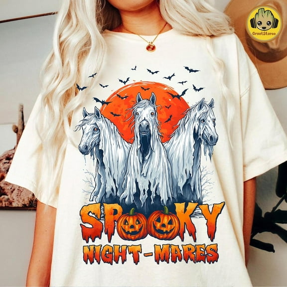 Halloween Spooky Ghost Horse T-Shirt, Spooky Nightmares Horse T-Shirt, Funny Retro Halloween T-Shirt, Horror Horse T-Shirt, Haunted Western Sublimation