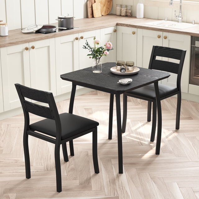 3-Piece Farmhouse Dining Table Set for 2 - Square Compact Design, Metal Frame & 2 Upholstered Chairs, Ideal for Small Spaces, Apartments & Kitchens