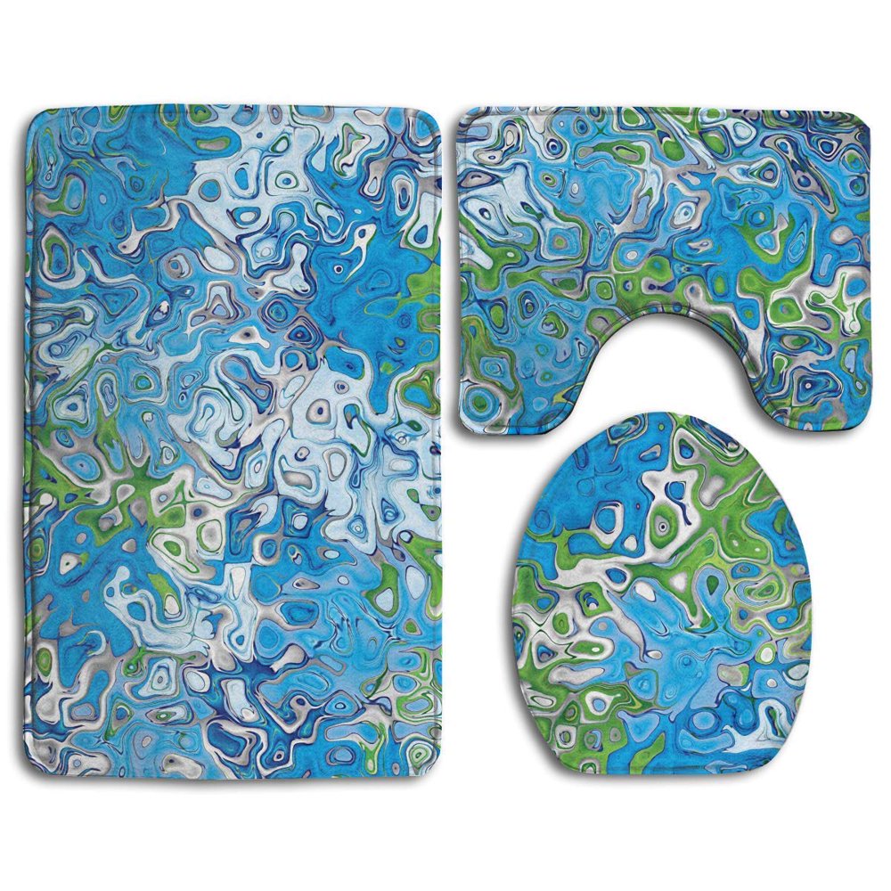 GOHAO Blue Green Wave Patterns 3 Piece Bathroom Rugs Set Bath Rug