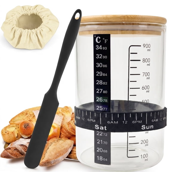 Behome 30 oz Sourdough Starter Jar, Glass Sourdough Starter Kit, with Date Marked Feeding Band, Thermometer, Silicone Scraper, Cloth Cover, Home Baking Supplies