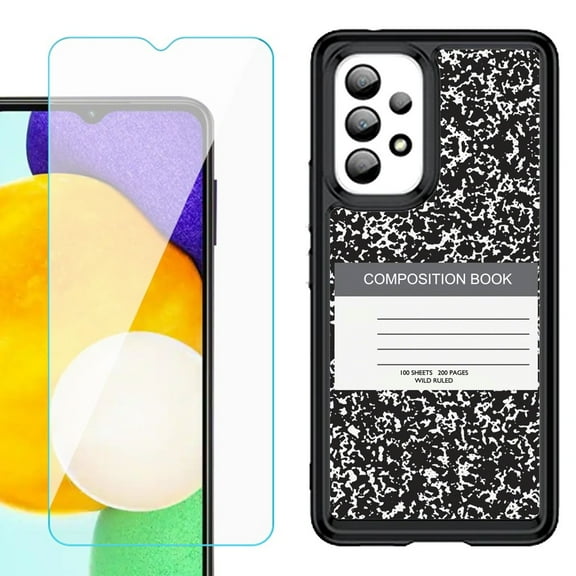 Shockproof Bumper (Black Frame) phone Case for Samsung Galaxy A23 5G, with Tempered Glass Screen Protector, by OneToughShield ® - Composition Book