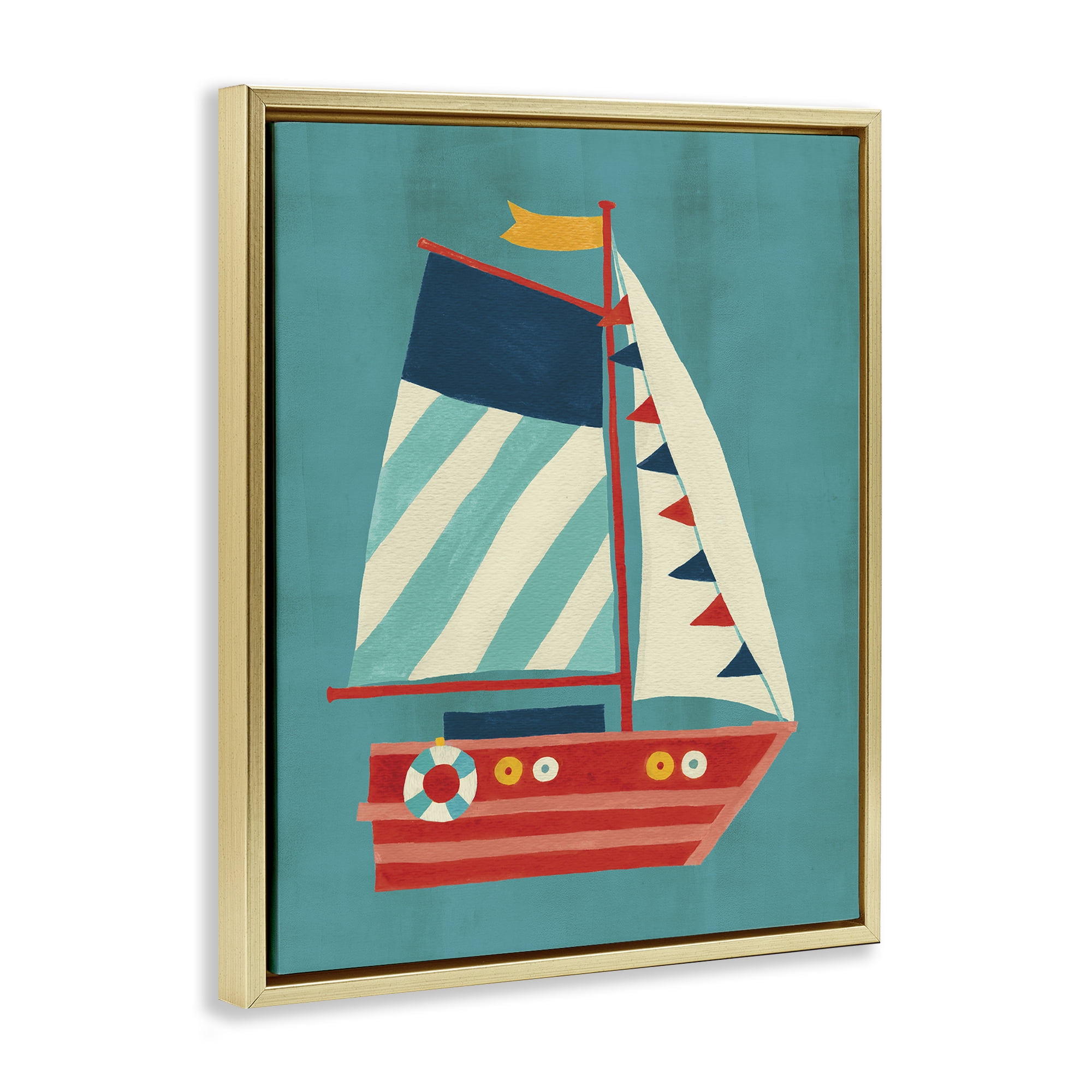 Stupell Industries Striped Sailboat on Blue Transportation Painting Gold Floater Framed Canvas Art Print Wall Art, 25 x 31
