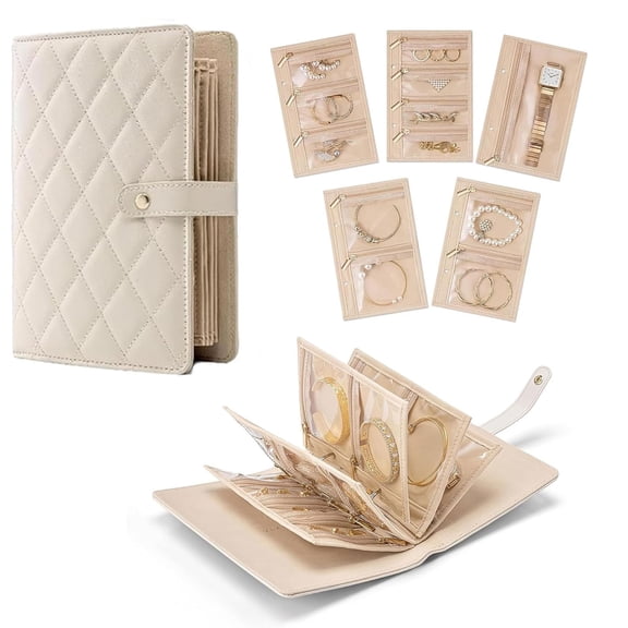 Travel Jewelry Organizer Case, Portable Jewelry Storage Book Ring Binder with Clear Pouches, Zipper Velvet Jewelry Pouch Bag for Rings, Necklaces, Earrings, Bracelets, Cream White