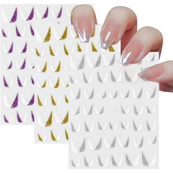 8 Sheets French Nail Art Sticker Nail Decals 3D Self-Adhesive French Line Oblique Strip V Shape Silver Glitter Design Nail Decals French Tip Nail Sticker for Women Girls DIY Nail Decoration Supplies