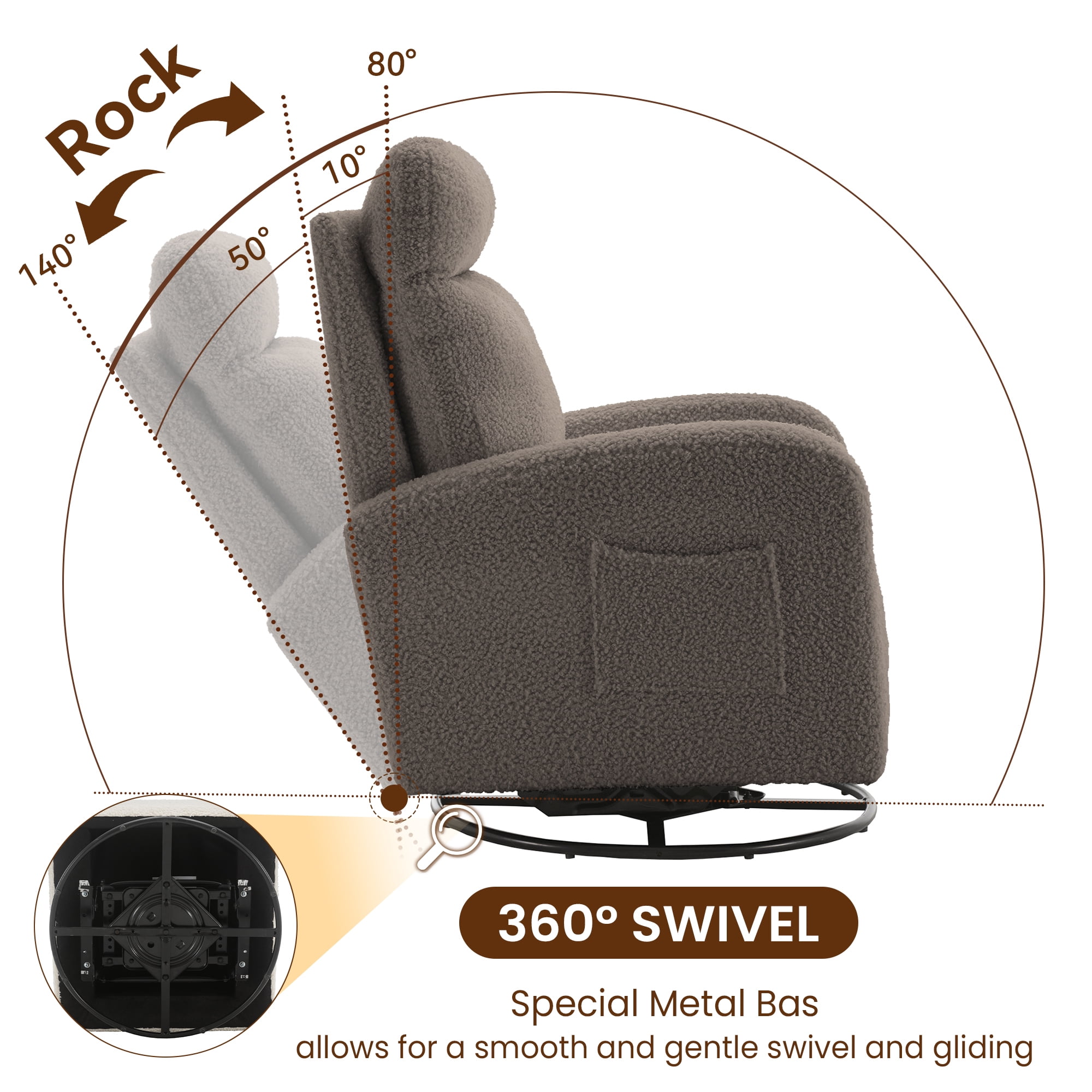 Lunale Teddy Swivel Glider Rocking Chair for Baby Nursery, Indoor, Drak Gray
