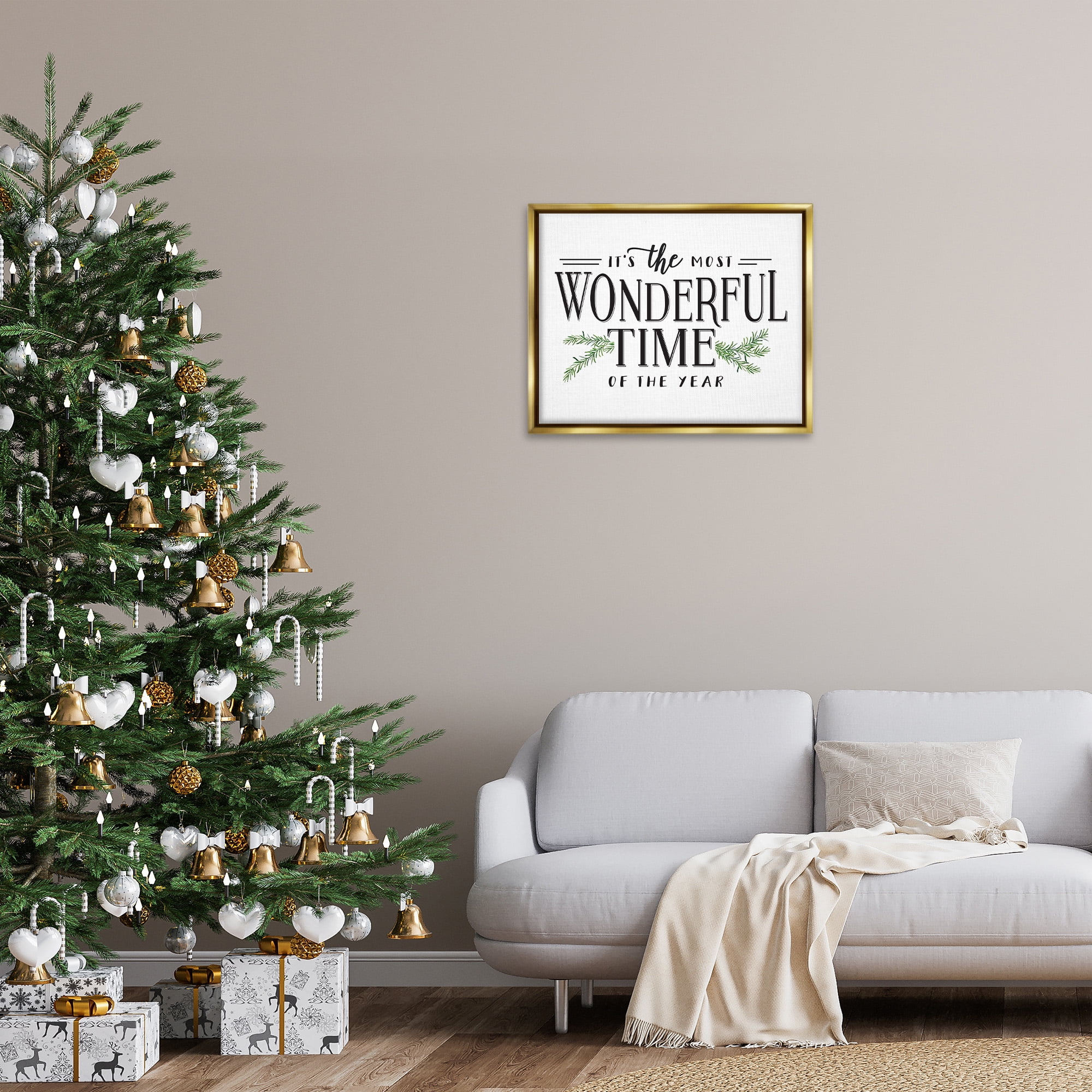 Stupell Industries Classic Vintage Christmas Phrase Holiday Painting Gold Floater Framed Canvas Art Print Wall Art, 31 x 25