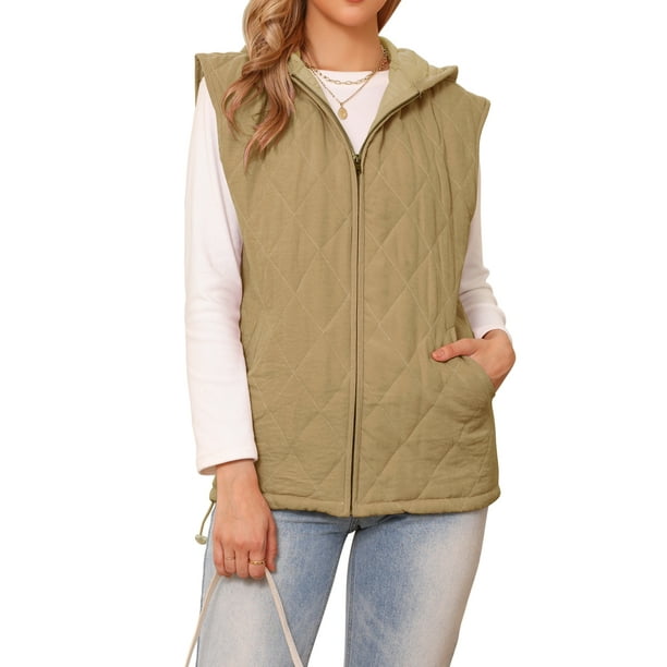 Chaleco Puffer Oversized Sin Mangas para Mujer, Gilet de Invierno Acolchado con Capucha y Cremallera, Talla M, Caqui