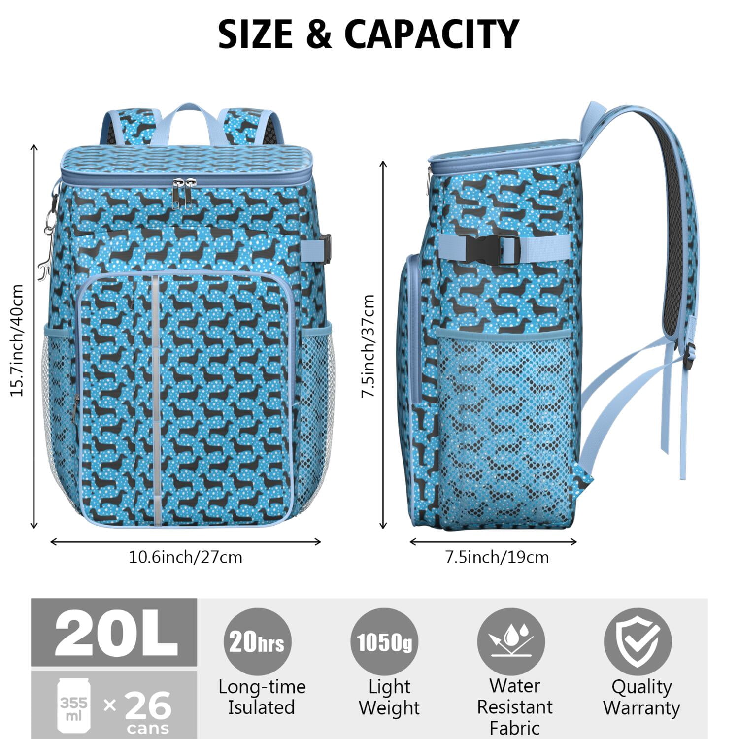 Travel Cooler Bag - Blue Dachshunds Dog Camping Beer Cooler Backpack with Bottle Opener- Waterproof Insulated Picnic Backpacks - Cooler Bag for Beach