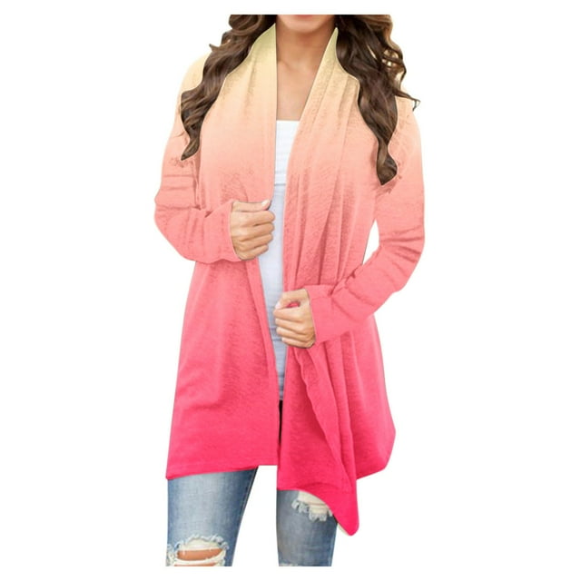 Yuyuzo Long Cardigan for Women Gradient Color Open Front Draped Tops Fall Winter Casual Cardigan