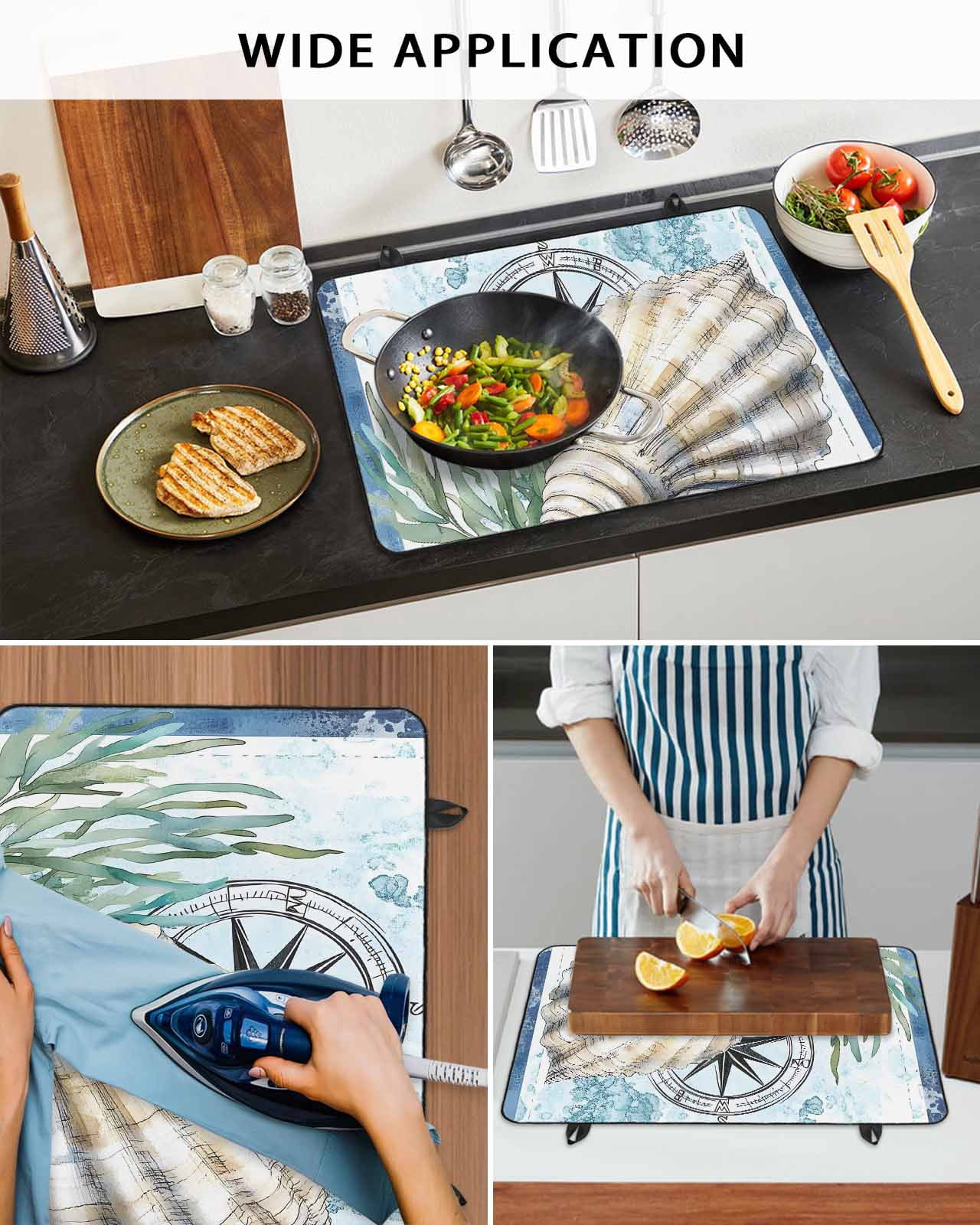 nqOlkjepod Large Induction Cooktop Protector Mat 24"x21", Coastal Ocean Stove Top Covers for Electric Stove, Summer Nautical Compass Shell Seaweed Stove Burner Cover Mats, Glass Top Stove Cover