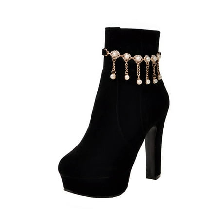 

KBKYBUYZ Autumn And Winter Plus Size Ladies Knight Boots Metal Chain Tassel Water Platform Super High Heel Side Zipper Ankle Boots