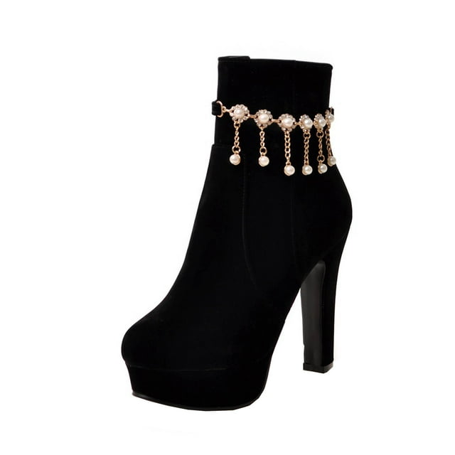 Autumn And Winter Plus Size Ladies Knight Boots Metal Chain Tassel Water Platform Super High Heel Side Zipper Ankle Boots