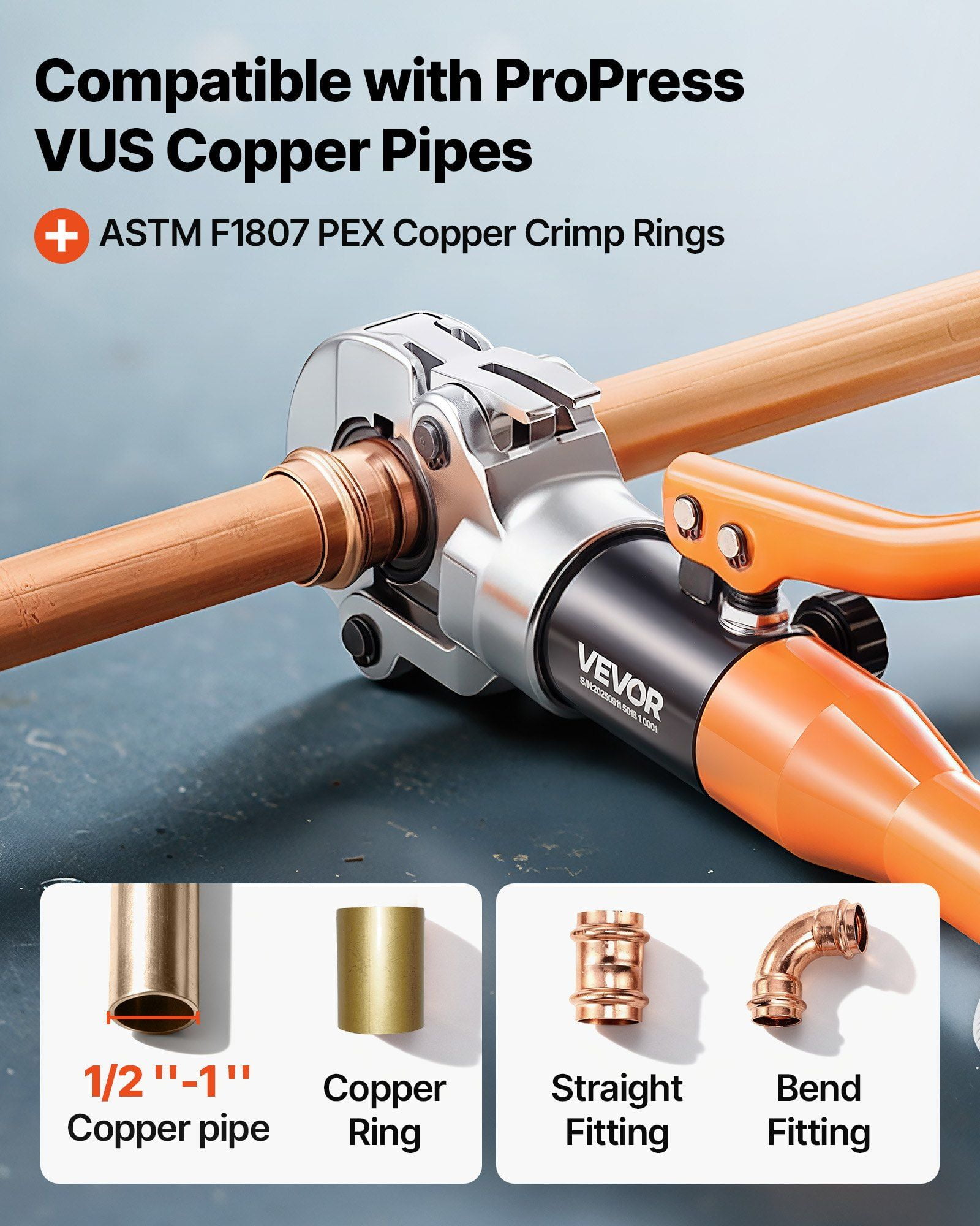 Copper Pipe Crimping Tool, Hydraulic Driven Pro Press Tool with 1/2", 3/4", 1" Jaws for Copper Tube & 3/8", 1/2", 5/8", 3/4", 1" Jaws for ASTM F1807 PEX Pipe Copper Ring - with Carrying Case