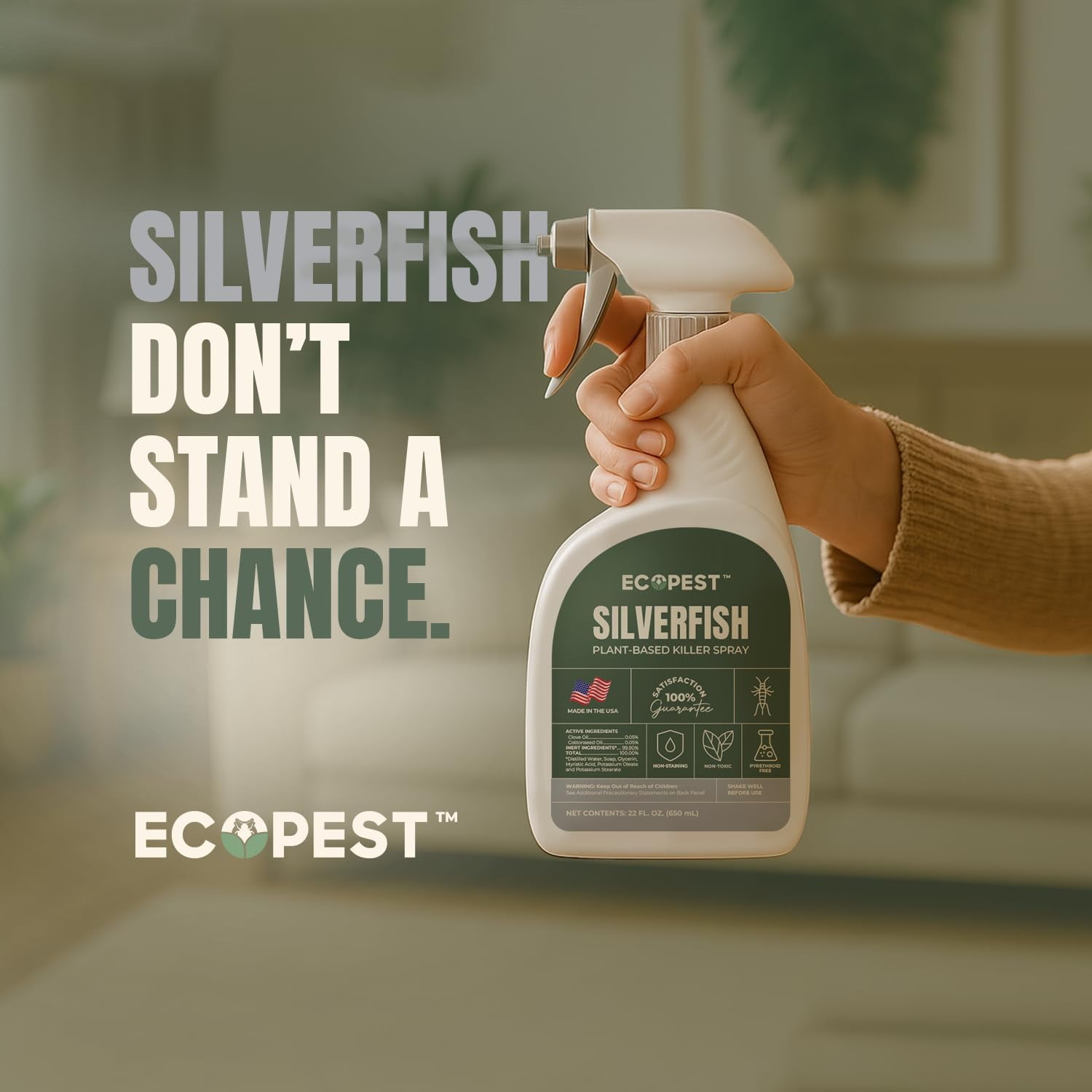 Silverfish Spray, Natural Silverfish Killer for Indoor and Outdoor | Plant-Based Home Pest Control Spray and Repellent | Made with Clove Oil, Safe for Use Around Children and Pets, 22 oz.
