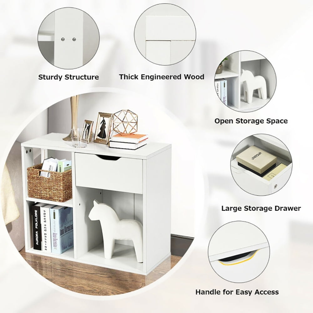 Finihen Side Table, 3-Tier Side Table with Storage Shelf and Drawer Space, for Living Room, Bedroom, White Finihen Side Table, 3-Tier Side Table with Storage Shelf and Drawer Space, for Living Room, Bedroom, White