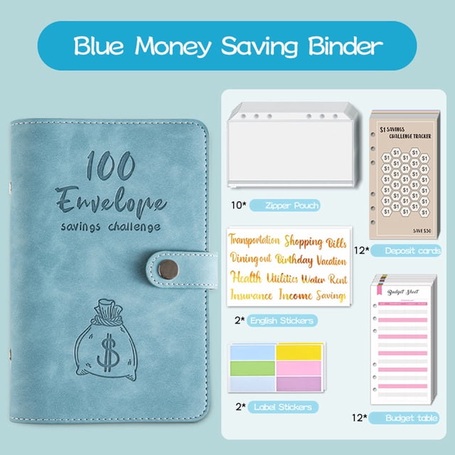 100 SOBRES Money Saving Challenge PU Cubierta de Cuero Con Sobre en Efectivo PVC Pocket Zipper /Presupesto Tarjetas /Pegatizas de lable Utilizado Como de