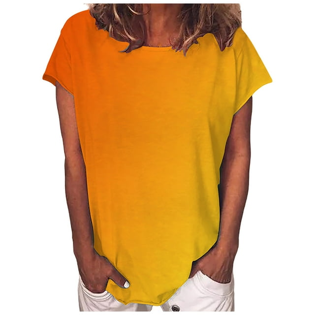 Womens Gradient Tops Summer Short Sleeve Round Neck Shirts Loose Fitted Casual Lightweight Soft Tees