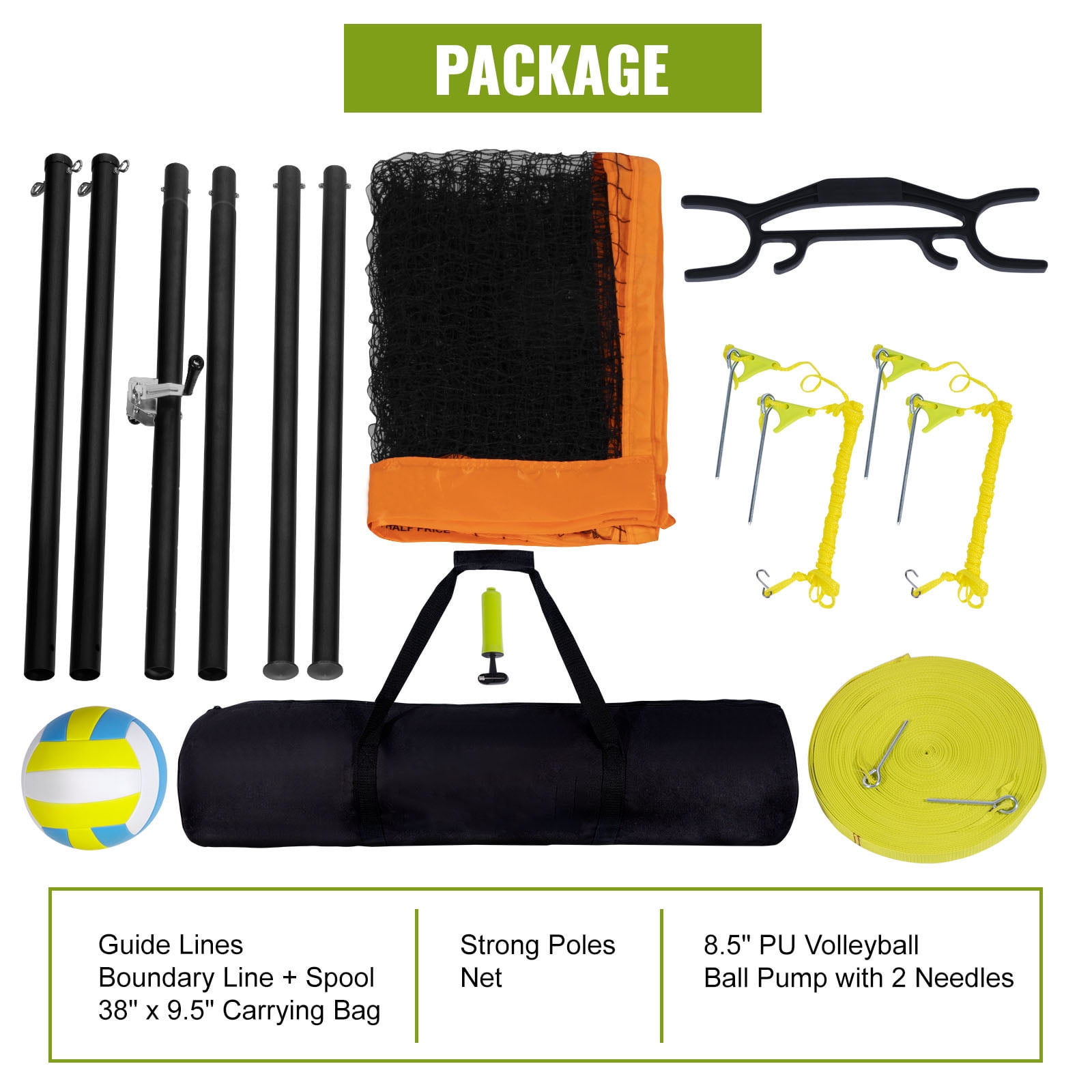 KFFKFF Portable Volleyball Net Kit, Height-Adjustable Aluminum Stands, Complete Volleyball Gear with PVC Ball, Inflation Pump, Transport Bag, Durable Net for Outdoor Use - Yard, Beach, Park