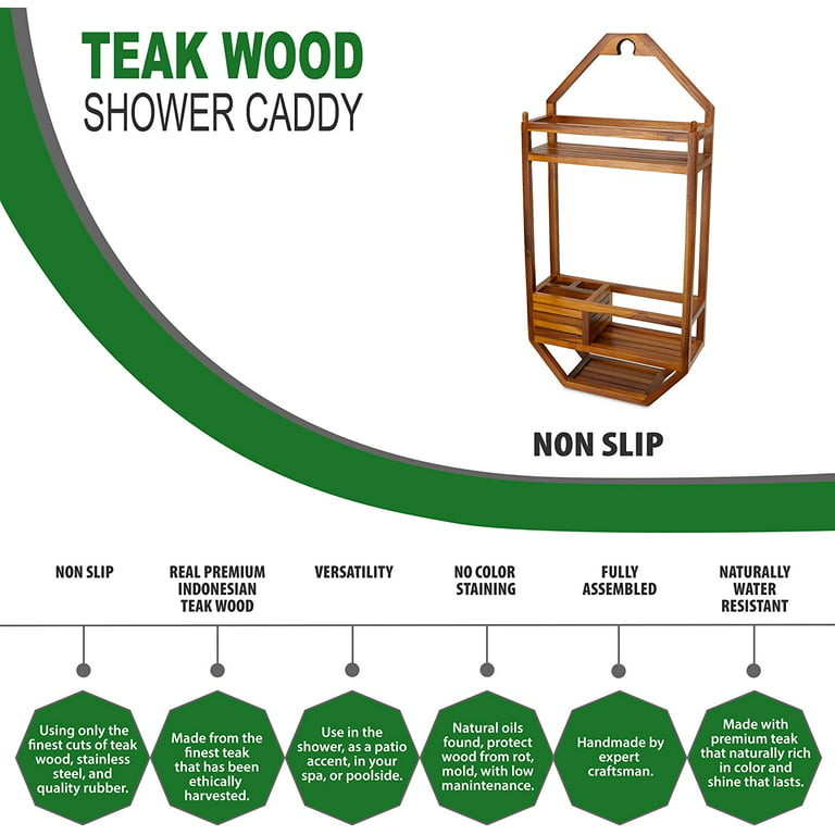BSL Teak Shower Caddy, Shower Organizer For Bathroom, Non Slip, Indoor and  Outdoor, Hanging Shower Organizer, Showerhead, 3 Shelf, The Thoren 