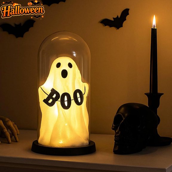 Halloween Battery Operated LED Ghost Night Light With Clear Dome, Spooky Ghost Tabletop Lamp, Warm Glow Desktop Ornament For Mantel Shelf Indoor Halloween Party Home Decorations Holiday Gift