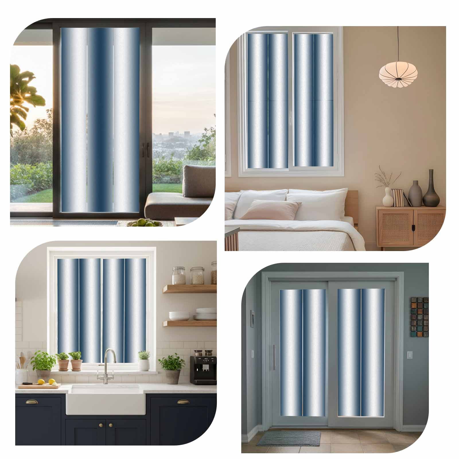 Ombre Dark Blue Window Privacy Film, Gradient White Abstract Minimalist Stripe Static Cling UV Sun Blocking Tint Film Heat Control Windows Films for Bedroom Bathroom, Window Stickers 23.6"x59"