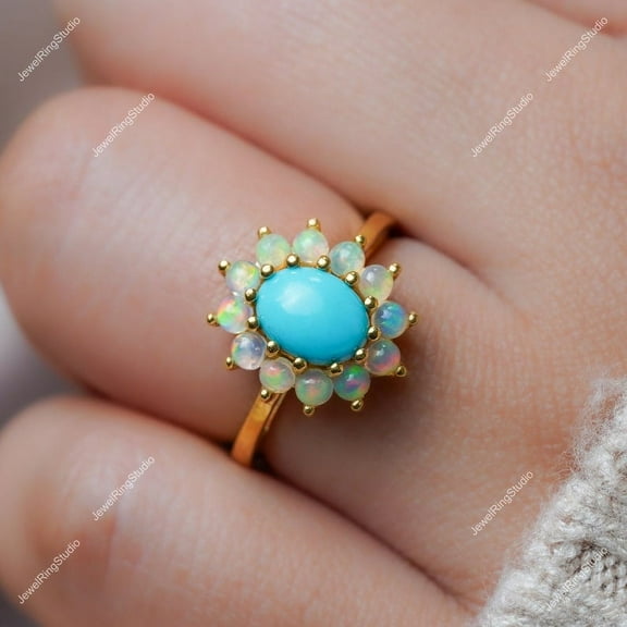 Turquoise Women Ring With Opal Engagement Ring Silver Gold Ring Anniversary Gift