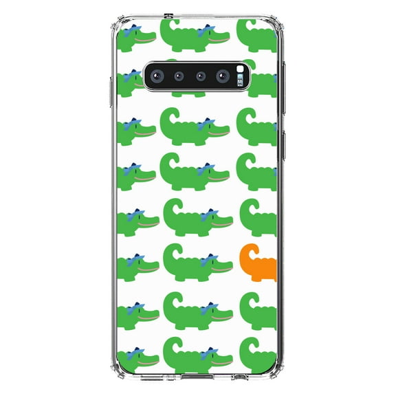 DistinctInk Clear Shockproof Hybrid Case for Samsung Galaxy S10 (6.1" Screen) - TPU Bumper, Acrylic Back, Tempered Glass Screen Protector - Green Orange Blue Alligator Gator - Cartoon Alligators