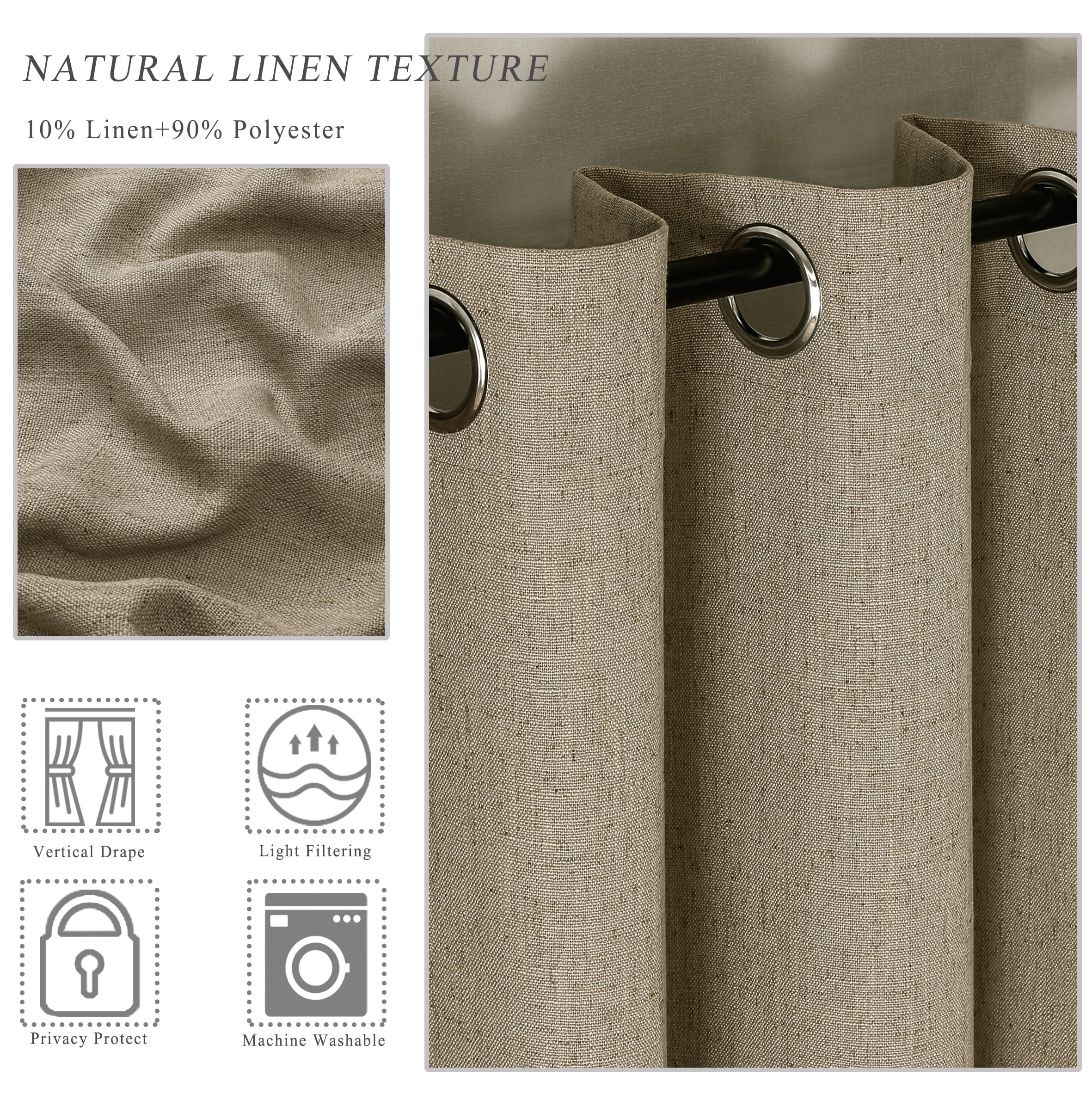 AZZCIA Sand Linen Light Filtering Grommet Curtain Panels for Bedroom, 2 Panels, 54"W x 63"L