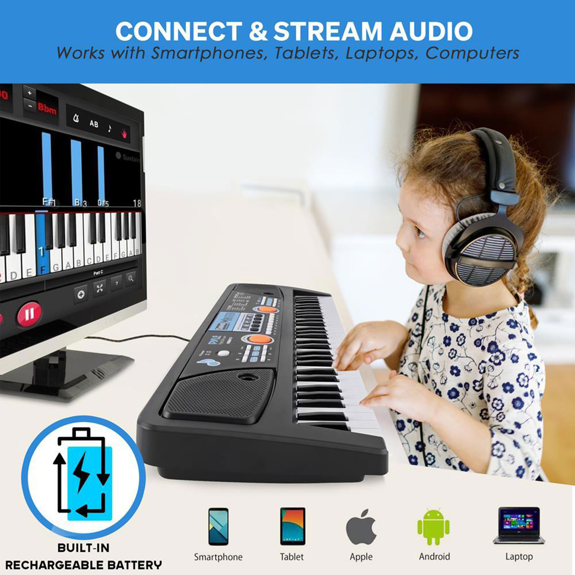 Pyle Portable Electric 49 Key Karaoke Piano Keyboard and Microphone, Black
