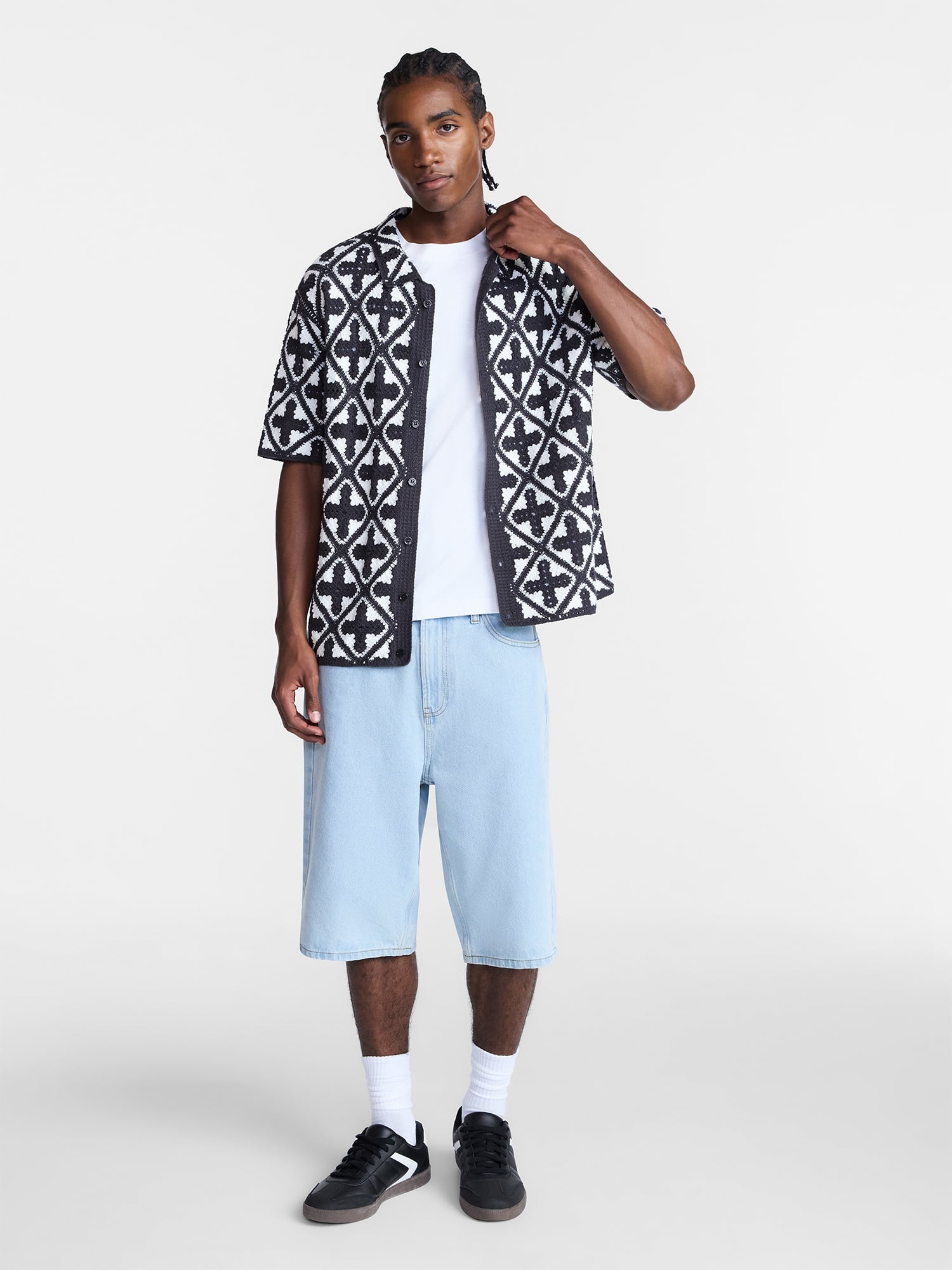 No Boundaries Men's Faux Crochet Deco Pattern Button Through Sweater Polo, Sizes XS-3XL