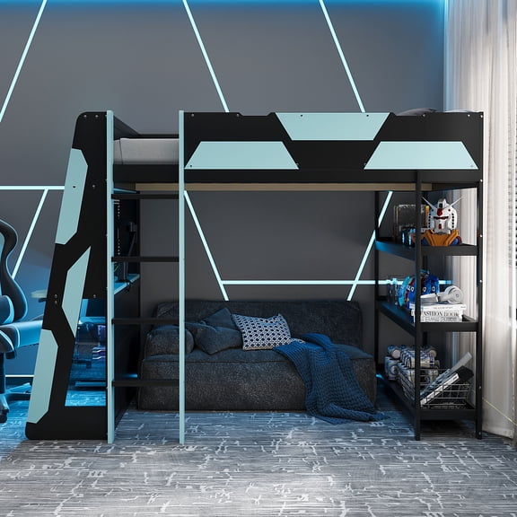 Full Size Gaming Loft Bed with Desk & LED Lights, Side-Mounted Computer Desk with Power Outlets & USB, 3-Tier Storage Shelves, Sturdy Wood Frame for Teens Adults,Black Blue