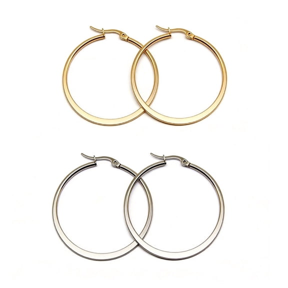 Yomhary Gold & Silver Hoop Earrings Set - 2 Pairs (30mm) - Lightweight 14K Gold Plated & Polished Silver Hoops