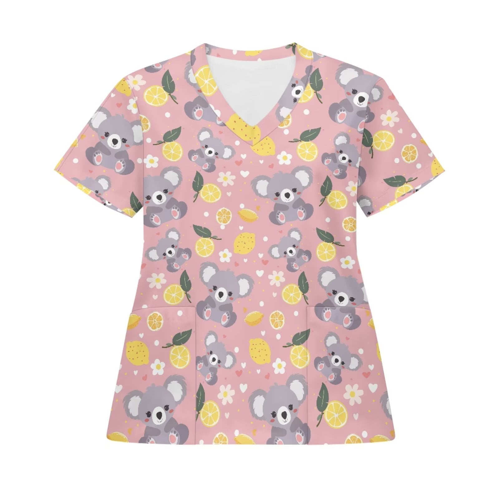 Yspwyqan Short Sleeve Scrubs for Women Cute Koala Lemon Stretchy Breathable Medical Scrub Tops Soft Polyester Fabric Holiday Nursing Working Shirt, Size S