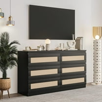 Rattan Dresser for Bedroom, 6 Drawer Double Dresser with Anti-Tip Kit, Wood Storage Wide Chest of Drawers for Kids Room