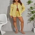 thumbnail image 4 of Women‘s 2Pcs Clothing Suit  Solid Color Turn-Down Collar Long Sleeve Button-Down Shirt + Elastic Drawstring Short Pants, 4 of 7