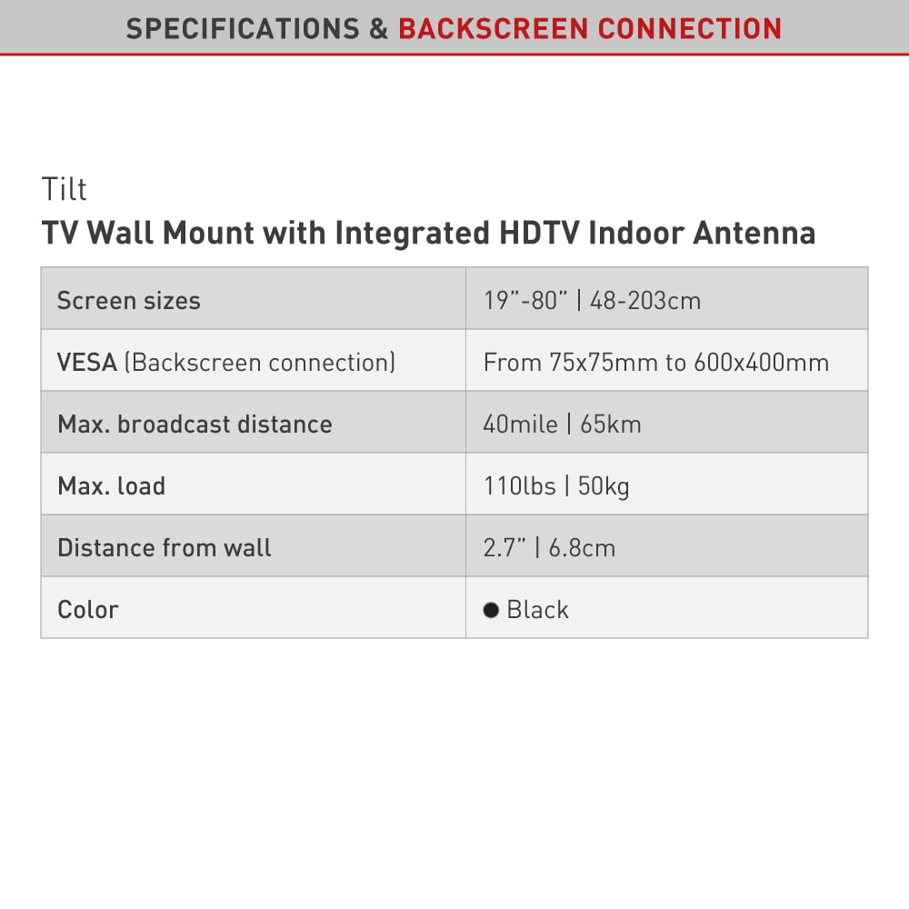 Barkan 19 - 80 inch Tilt TV Wall Mount with Integrated HDTV Indoor Antenna, Premium For all wall types, Flat / Curved Screen Bracket, Holds up to 110lbs, Auto Lock Patented, Fits LED OLED LCD