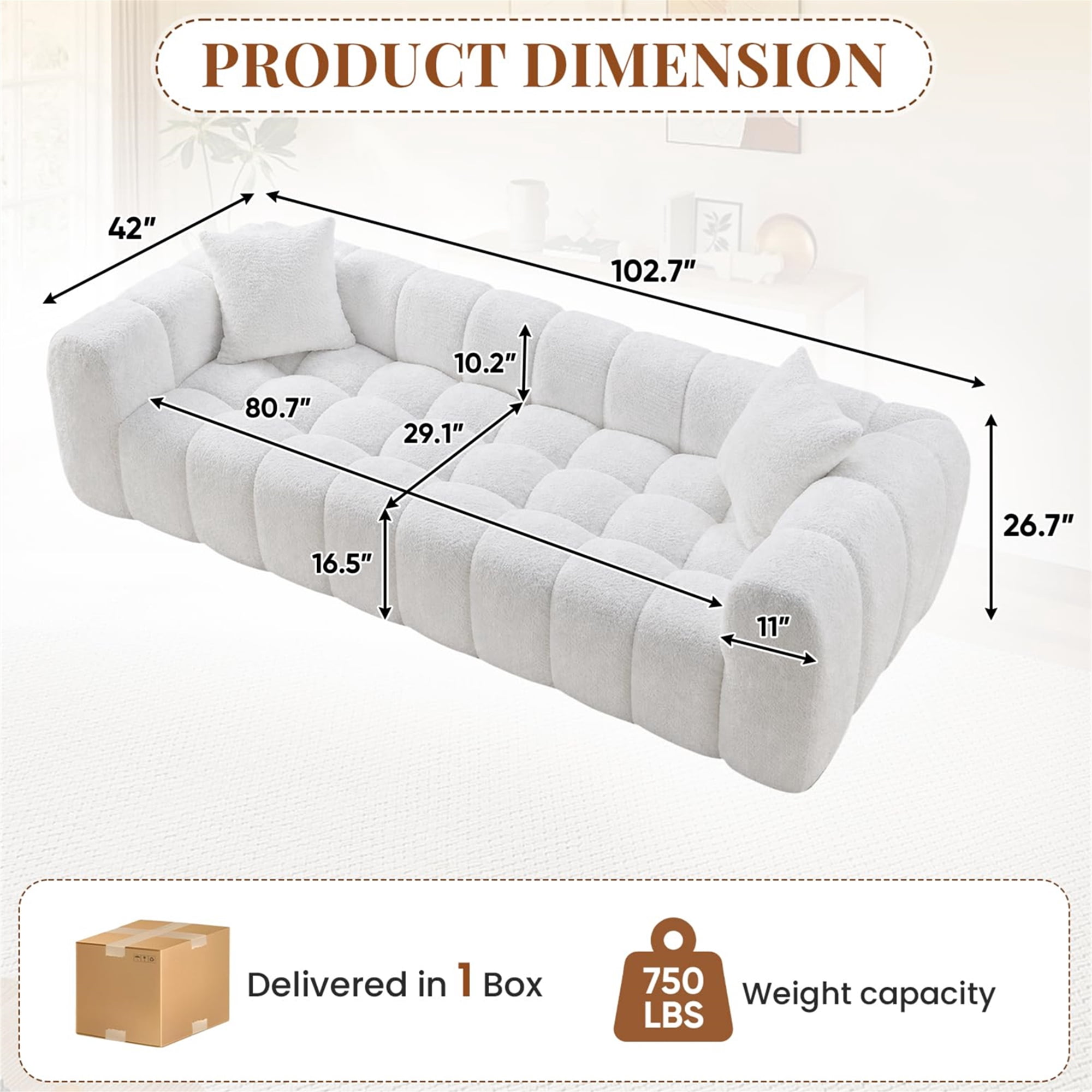Aukfa 103" Oversized Boucle Cloud Sofa Deep Seat Boneless Couch with Square Tufted for Living Room, 2Pillows, Cream