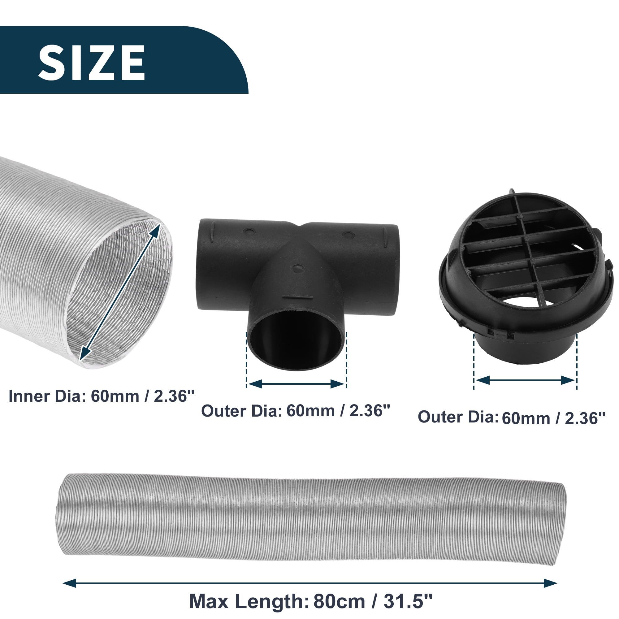 Unique Bargains 60mm Dia 80cm Car Heater Duct Kit Car Heater Duct Pipe Hose Set for Diesel Heater Silver Tone