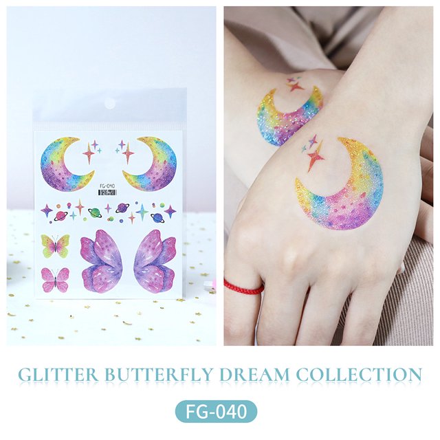 Pegatina de tatuaje de mariposa con purpurina resistente al agua, pegatina para la cara de la princesa Spice Girl Six One