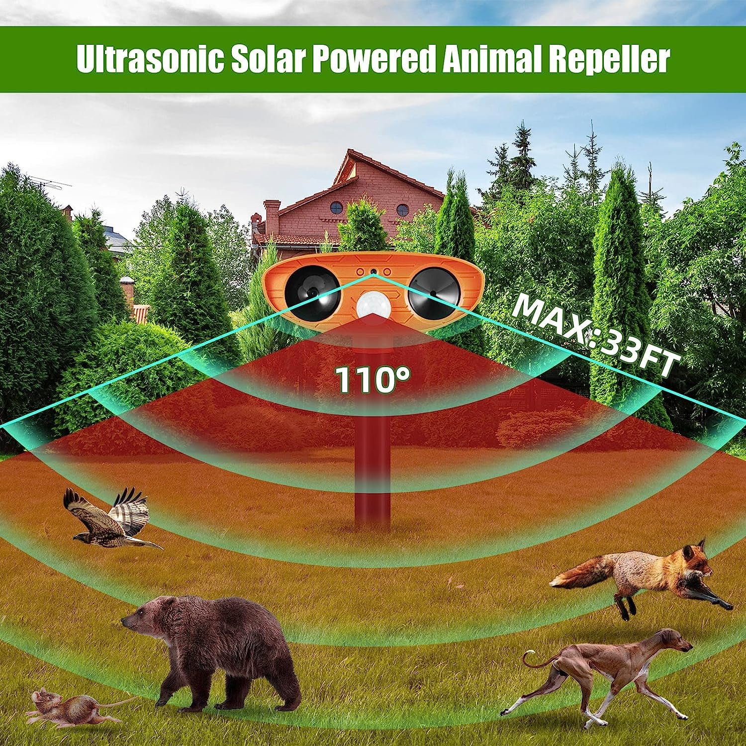 KingFurt 2-Pack Orange Solar Ultrasonic Animal Repeller Repellent for Cat Squirrel Raccoon Deer Mouse Fox