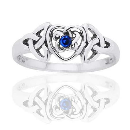 - September Birthstone Ring - Sterling Silver Simulated Sapphire Glass Celtic Trinity Knot Heart
