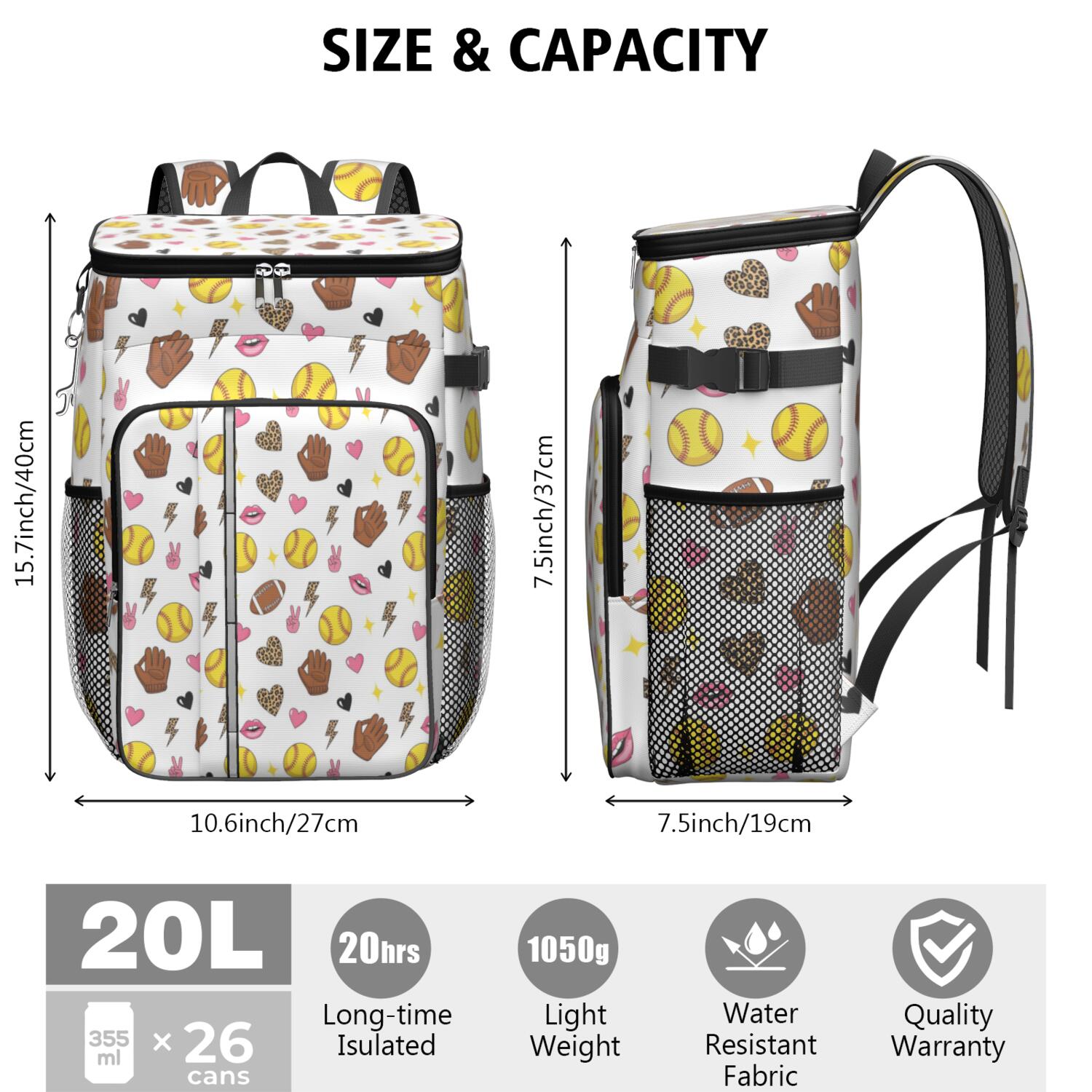 Travel Cooler Bag - Colorful Softball and Fashion Icons Pattern Camping Beer Cooler Backpack with Bottle Opener- Waterproof Insulated Picnic Backpacks - Cooler Bag for Beach