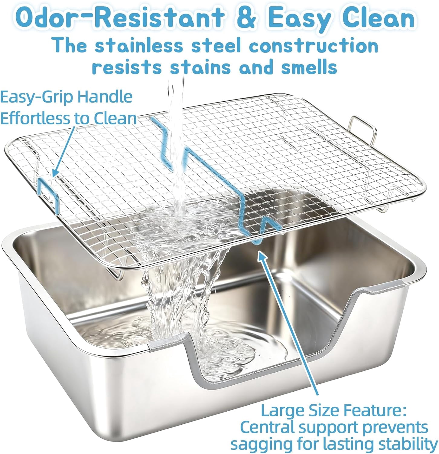 Large Stainless Steel Rabbit Litter Box with Sifting Tray, Steel Grids Bunny Litter Box, Rabbit Potty Pan for Adult Guinea Pigs, Chinchillas, Ferrets, Squirrels, Easy to Clean, Odor Control